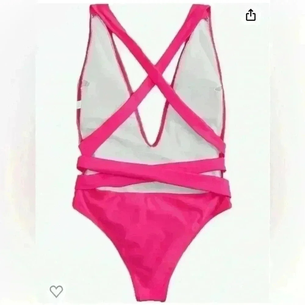 Lilosy Sexy Tie Criss Cross Plunge One Piece Thong Swimsuit High Cut Brazilian L - Picture 4 of 10